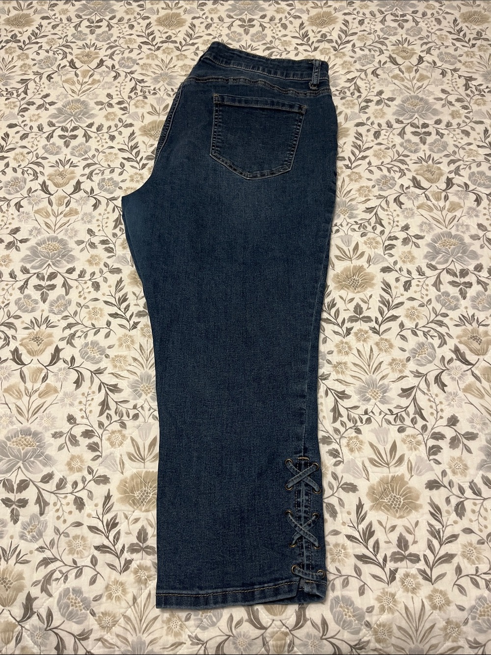 Peck & Peck Dark Blue Denim Capris with Lace-Up Hem